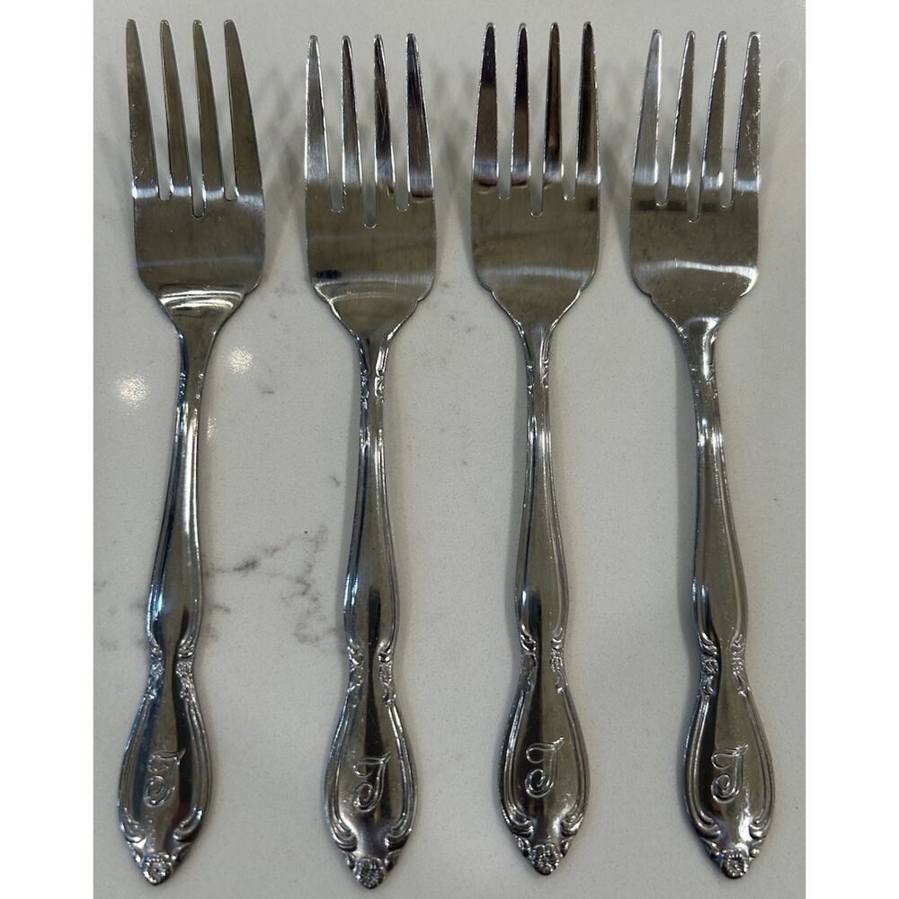 Vtg‎ Set of 4 Salad Forks “T” Monogram Custom Made Floral Stainless Flatware
